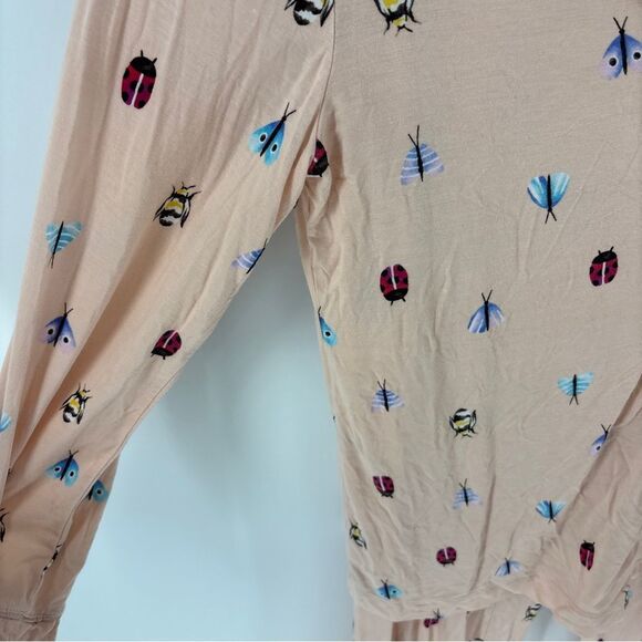 Soma Peach Sleepwear button up shirt pant set with beetle Insect Design womens M - Picture 2 of 11